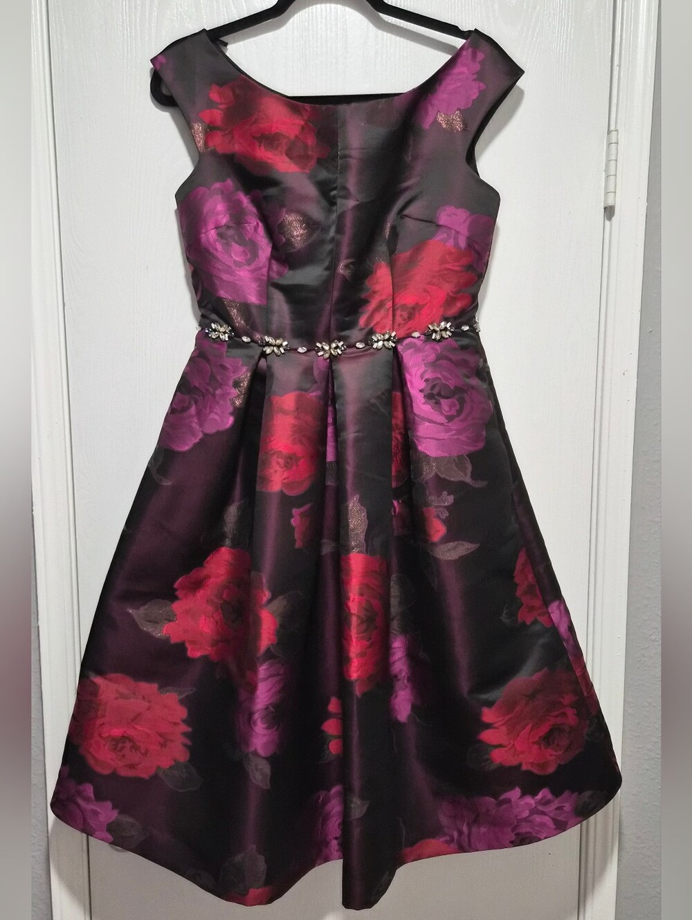 Eliza J Black Embellished Metallic Jacquard Floral Fit-and-Flare Dress Size 6 - Picture 2 of 14